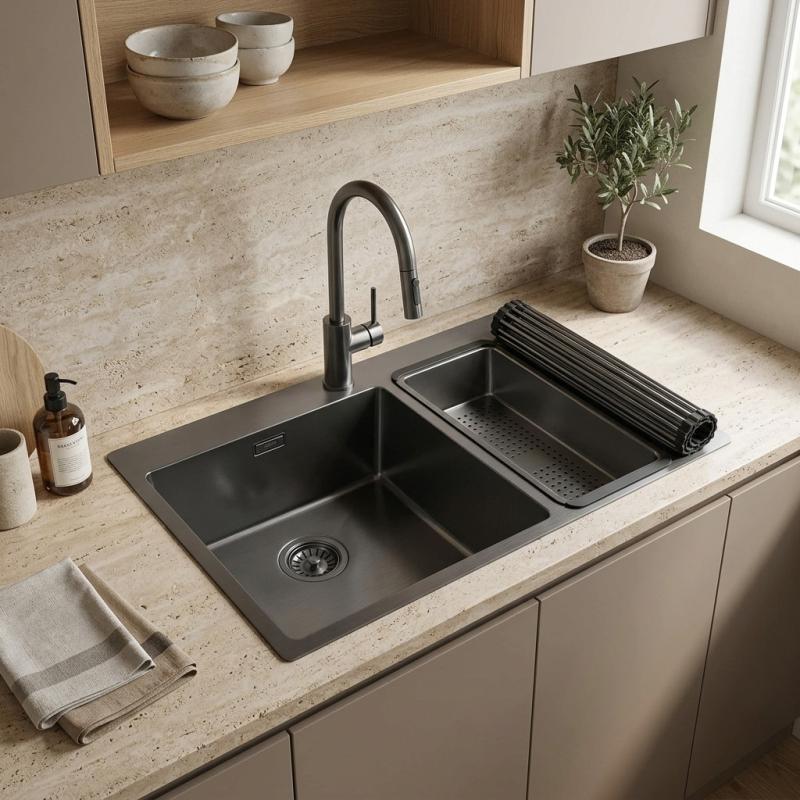 Pure.Sink Exclusivo Gun Metal 1,5 anderhalve spoelbak 34+18 cm 10mm radius PEX341840-61